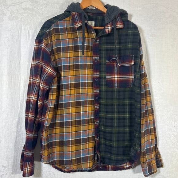 American Eagle Flannel Button Up Large Blue Green Patchwork Plaid Hood - Picture 1 of 9